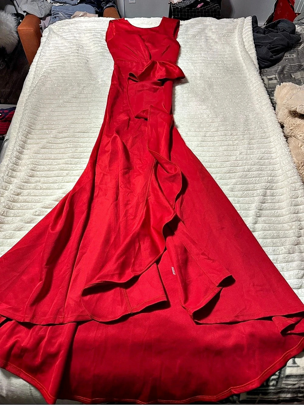 Gorgeous Flowing Red Layered Floor- Length Gown with Train
